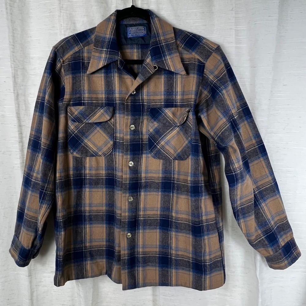 Pendleton Flannel Button up Shirt Tan Blue Plaid. Made in USA. Mens Medium